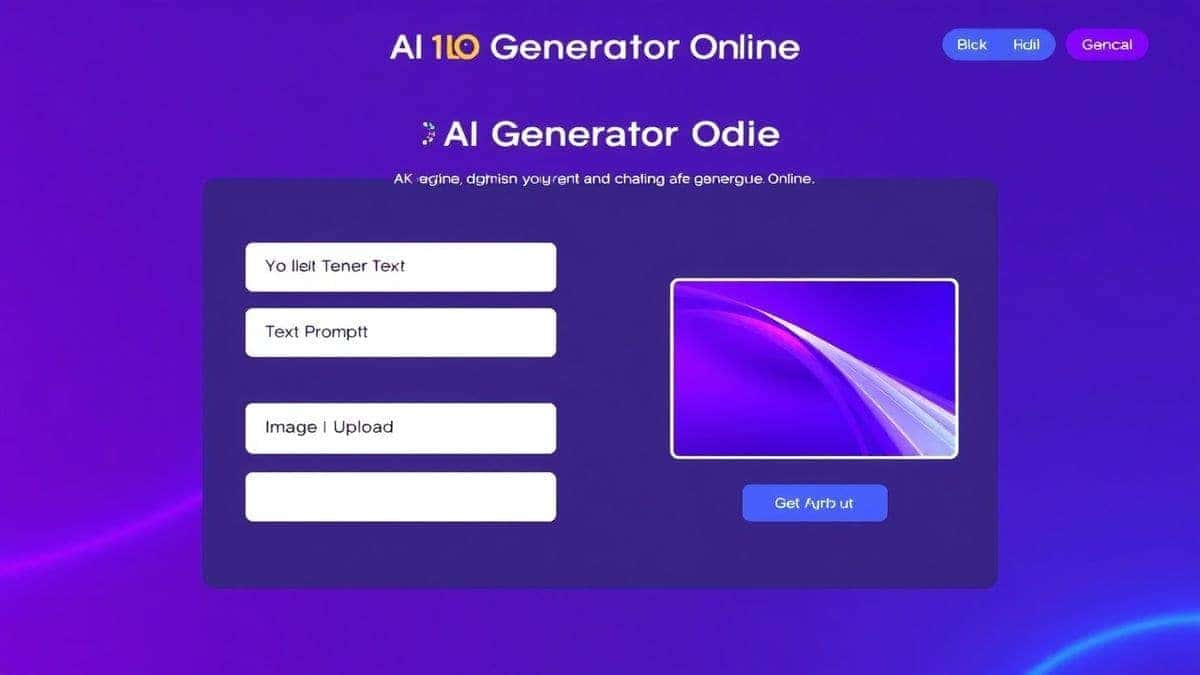 The clean, user-friendly interface of the Free AI Video Generator Online website. The screen shows input fields for 'Text Prompt' and 'Image Upload', with a stylish, futuristic purple and blue gradient design. 4k, high resolution, detailed UI elements.