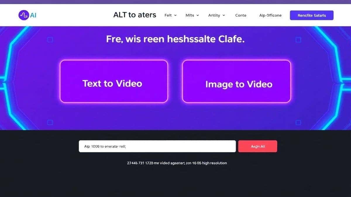 The user interface of the Free AI Video Generator Online website, showing a clean and simple dashboard with two main buttons labeled 'Text to Video' and 'Image to Video', a prompt input field, futuristic purple and blue design, 4k, high resolution The user interface of the Free AI Video Generator Online website, showing a clean and simple dashboard with two main buttons labeled 'Text to Video' and 'Image to Video', a prompt input field, futuristic purple and blue design, 4k, high resolution