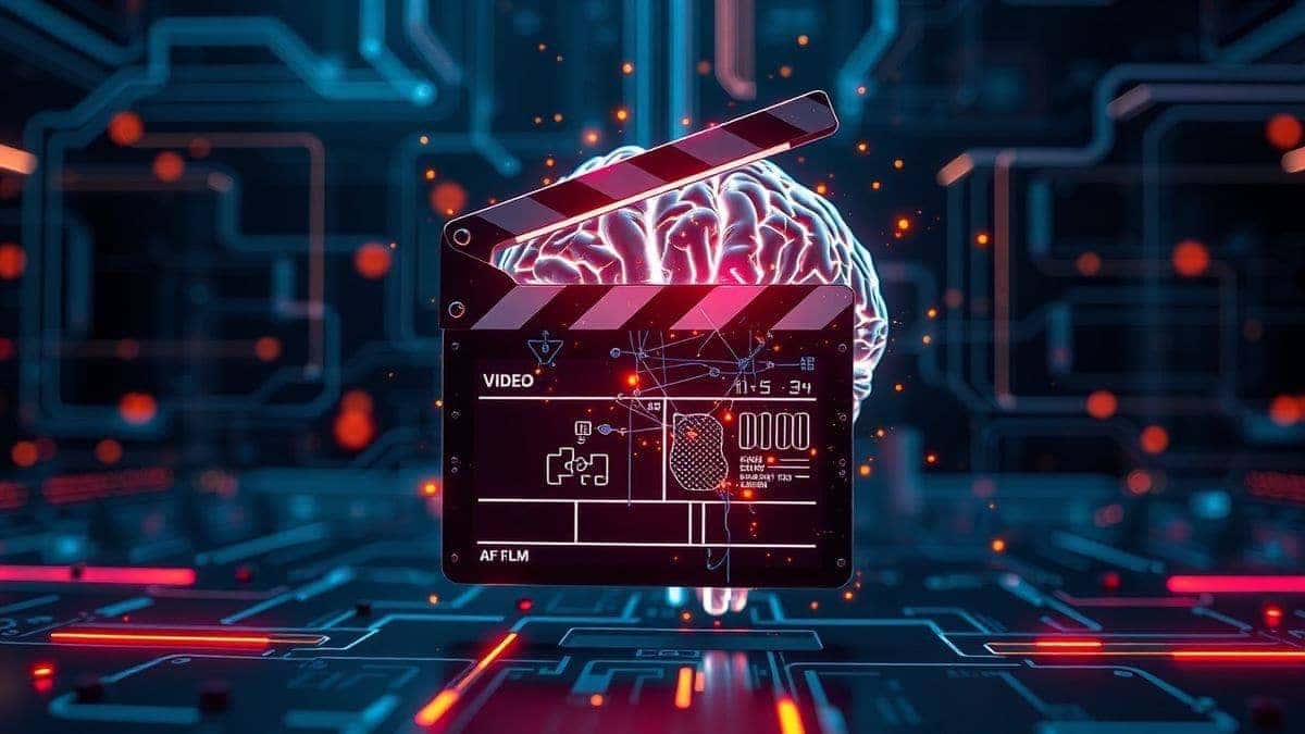 futuristic concept of AI video generation, digital brain merging with film clapperboard, neon lights, abstract technology flow, 4k, high detail