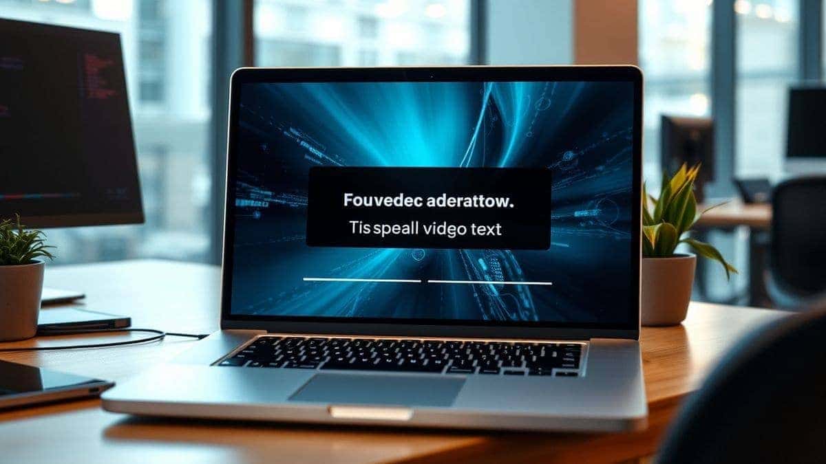 A modern digital workspace showing a laptop screen with an AI video generator interface, text being converted into a video clip, futuristic office setting, natural lighting, 4k, high quality, photorealistic