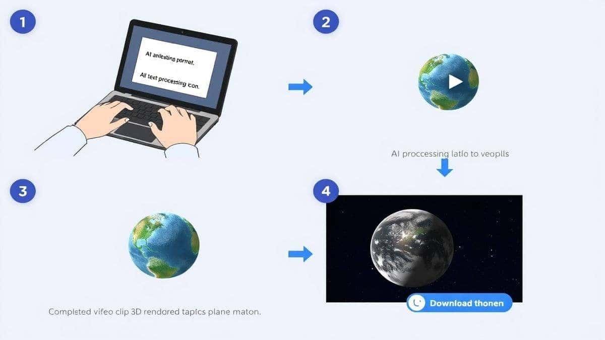 A four-panel graphic showing the step-by-step process of using an AI animation tool: Panel 1 shows a person typing a text prompt into a laptop, Panel 2 shows the AI processing icon, Panel 3 shows a completed video clip of a 3D rendered planet rotating in space, Panel 4 shows a download button, clean and instructional design
