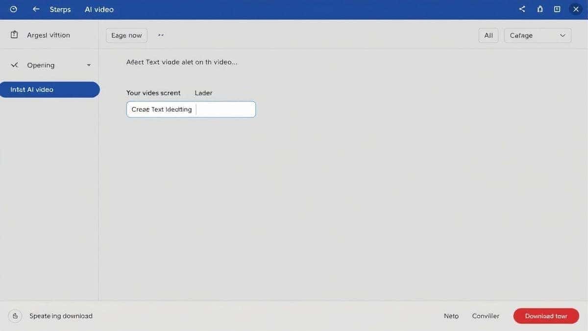 step by step process of creating AI video, showing text prompt input, loading screen, and final video download button, clean tutorial style, bright colors, 4k