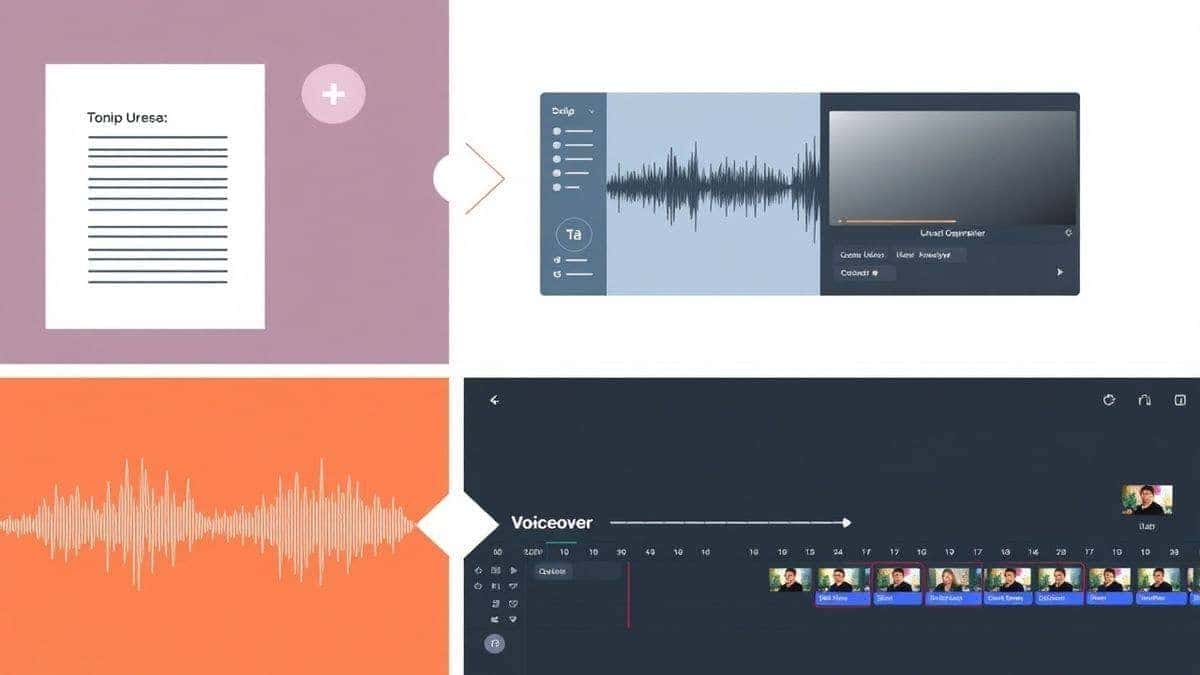 a multi-panel image showing the steps of creating a video: a script on paper, the AI generator interface, a waveform of a voiceover, and a video editing timeline with clips, workflow visualization, clean and modern design