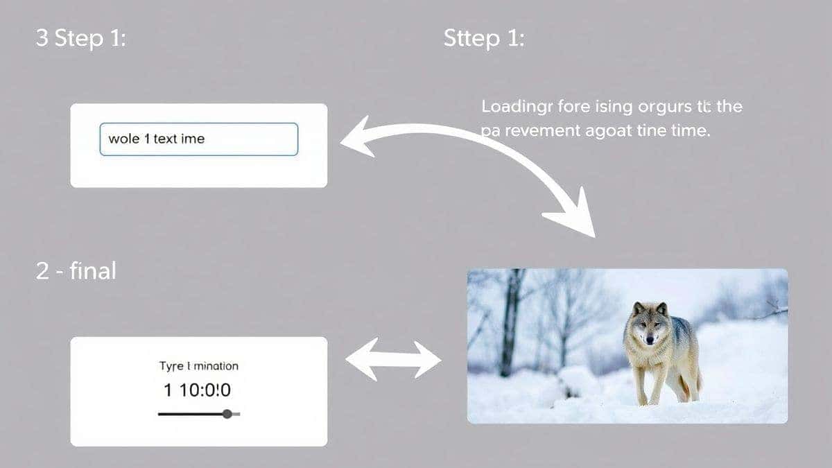 Step-by-step visual guide showing a text prompt being typed into a box, a loading animation with a 1 minute timer, and a final video output of a wolf in snow, clean UI arrows Step-by-step visual guide showing a text prompt being typed into a box, a loading animation with a 1 minute timer, and a final video output of a wolf in snow, clean UI arrows