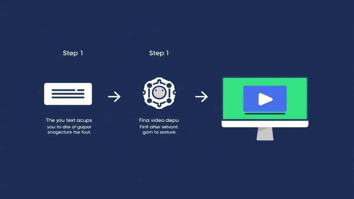 Step by step visual guide showing text prompt input, AI processing icon, and final video output on a computer screen, clean infographic style, modern design elements