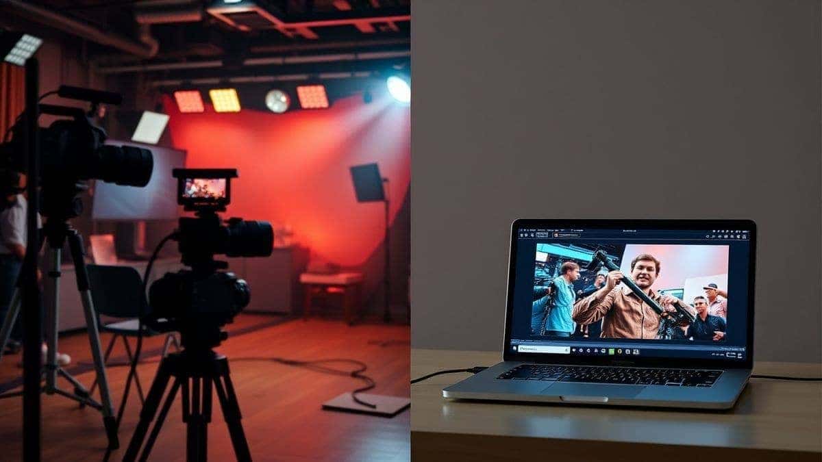 Split screen comparison showing chaotic traditional video set with cameras and lights on one side versus a simple laptop with an AI video generator interface on the other, clean aesthetic, professional comparison graphic