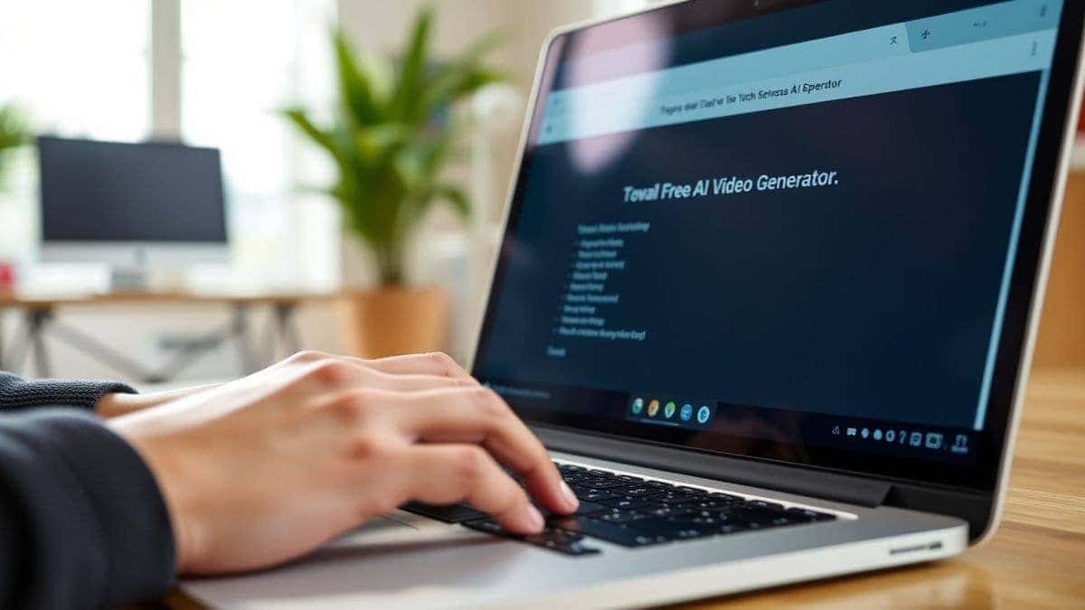 Close-up of hands typing a detailed text prompt into a laptop. The laptop screen shows the Free AI Video Generator interface with the prompt visible. The background is a well-lit, modern home office setting. 4k, crisp focus.