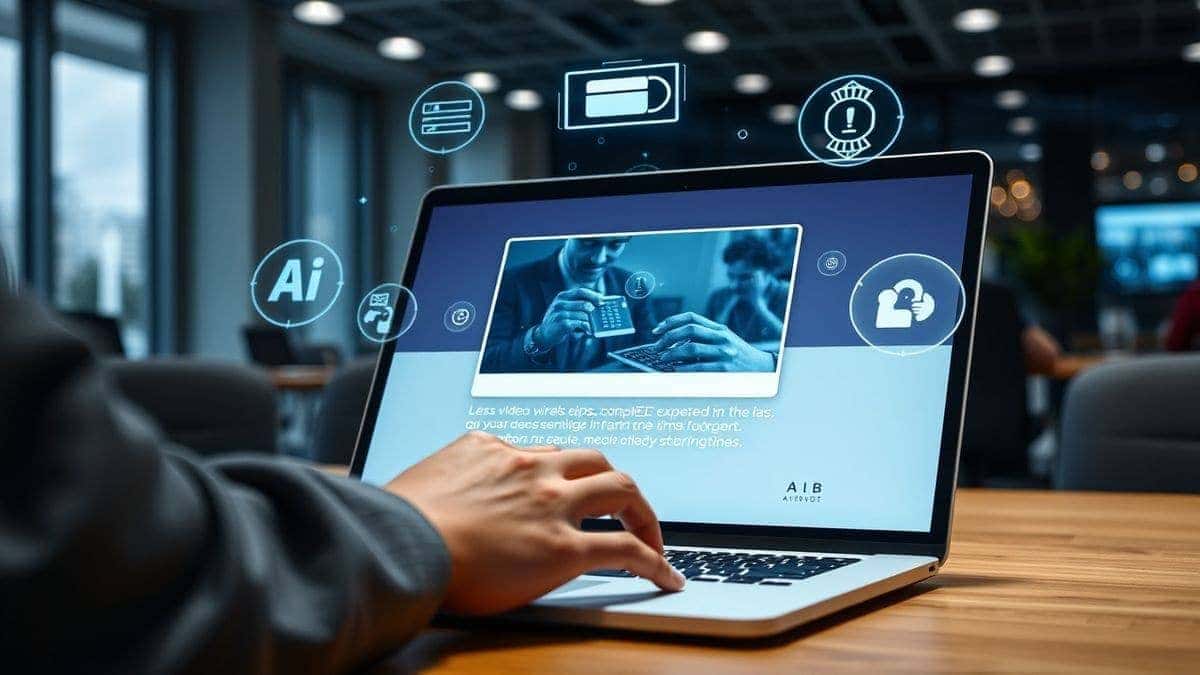 A person typing a text prompt into a laptop, with futuristic AI icons and a completed viral video clip floating above the screen, modern office setting, 4k, cinematic lighting
